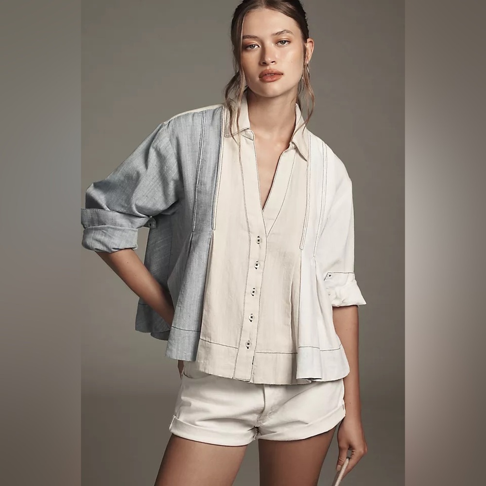 Anthropologie Maeve Linen Pleated Swing Blouse Size Small